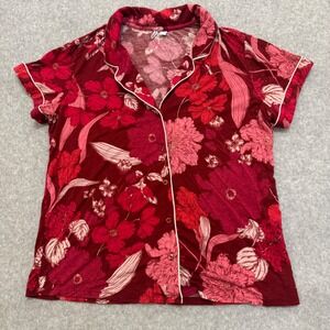 Nordstrom Red Pink Floral Modal Pajama Top Short Sleeve Button Front Small‎